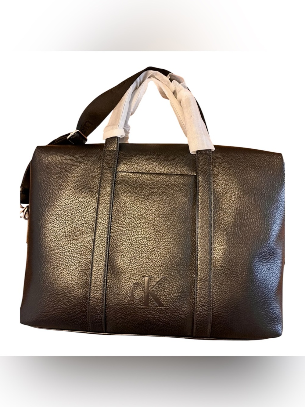 Calvin Klein Black Pebbled Leather Duffel Briefcase